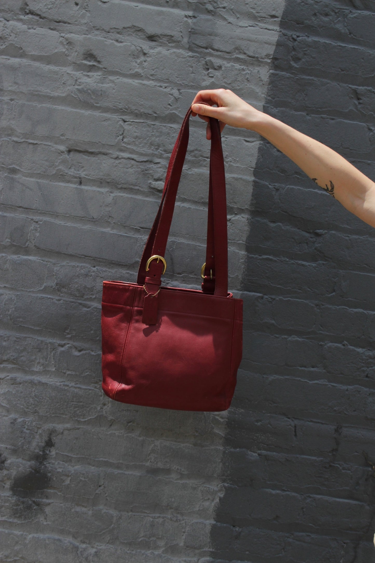 Vintage Coach Red Leather Buckled-Strap Tote Bag