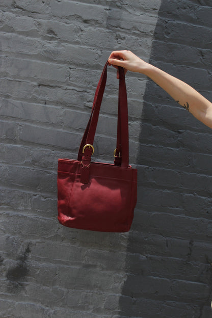 Vintage Coach Red Leather Buckled-Strap Tote Bag