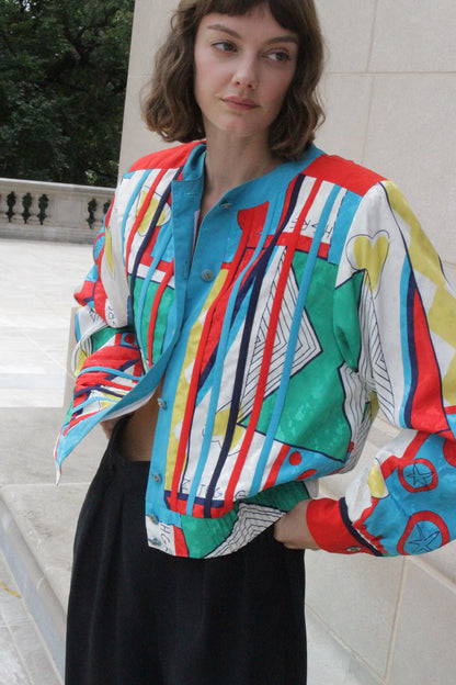 Fun Vintage Illustrated Cropped Jacket