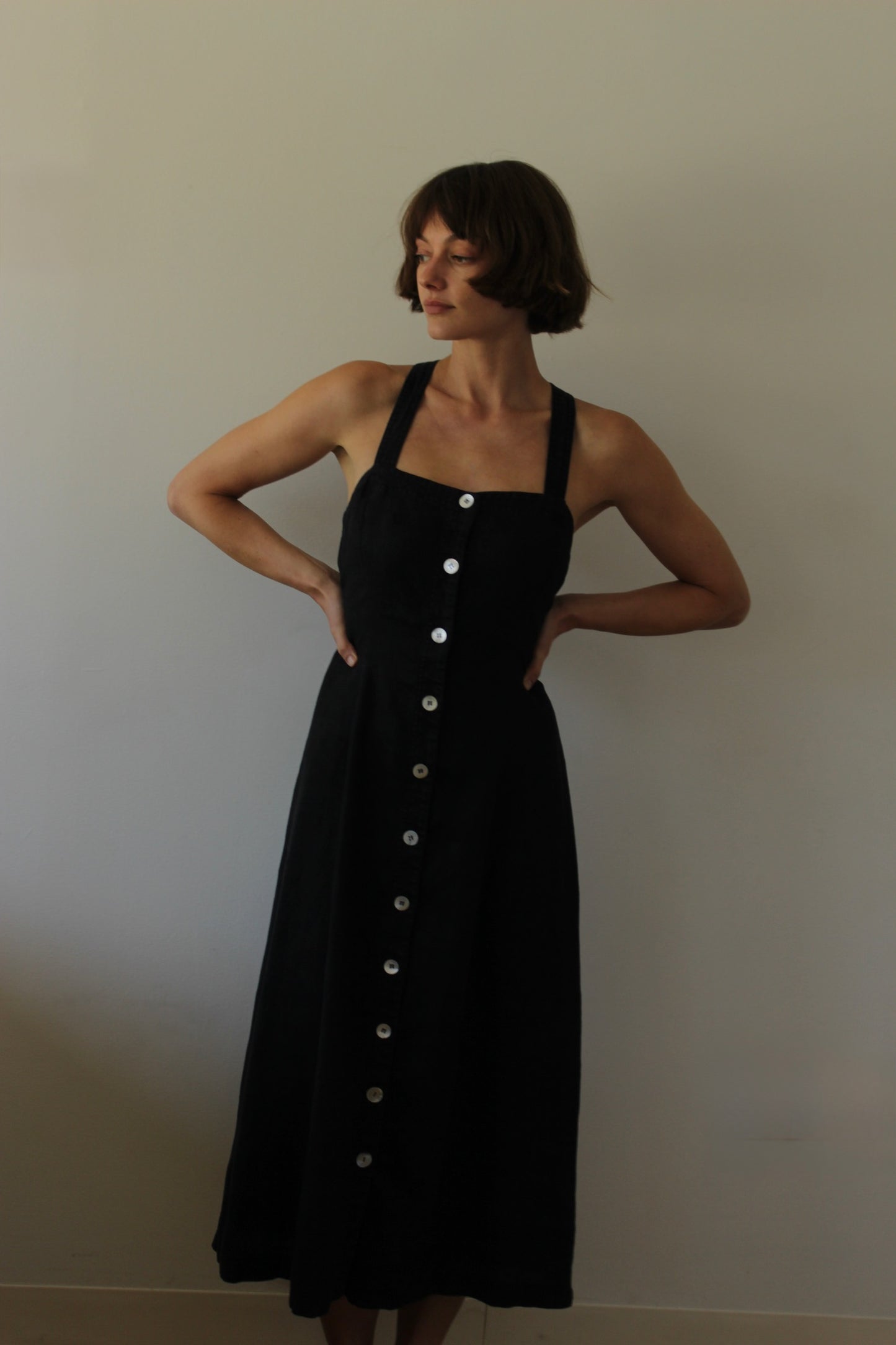 Vintage Faded Black Buttoned Linen Dress