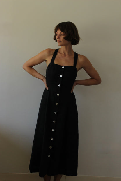 Vintage Faded Black Buttoned Linen Dress