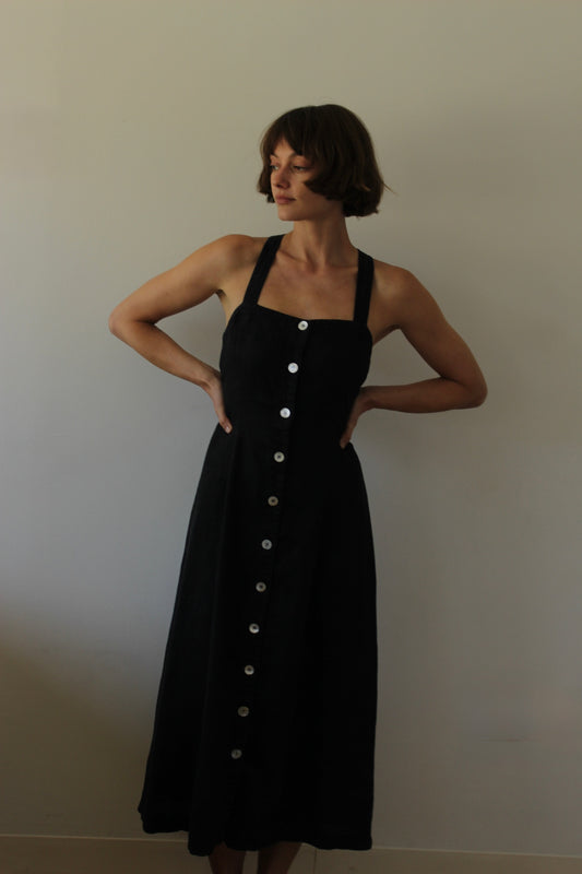 Vintage Faded Black Buttoned Linen Dress