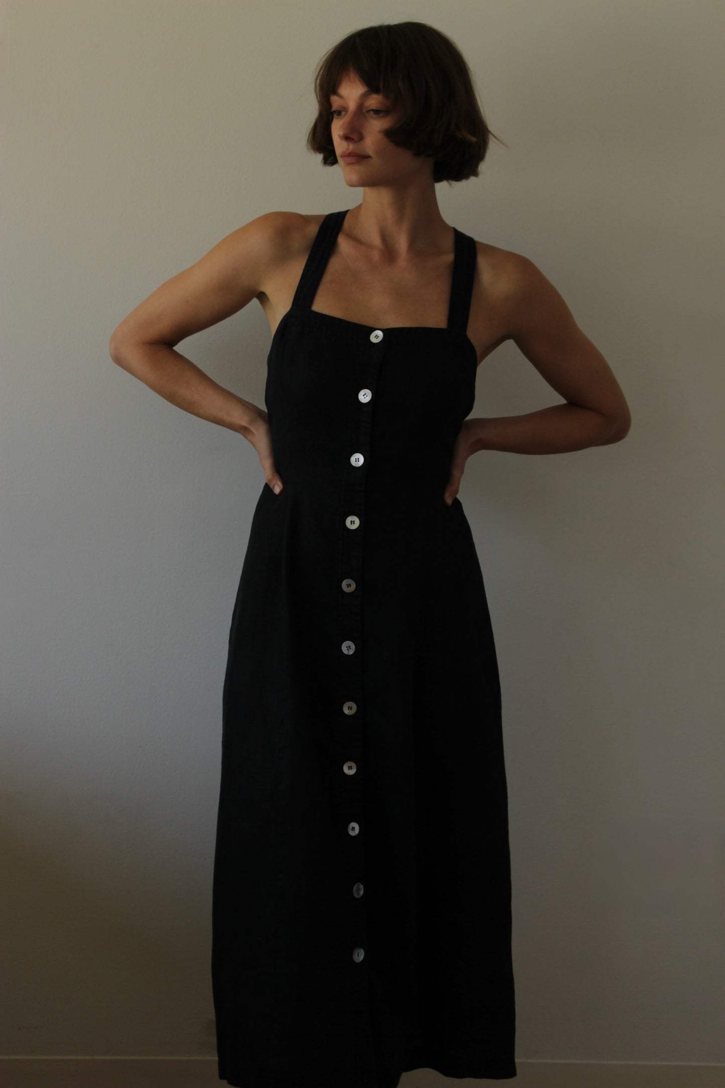 Vintage Faded Black Buttoned Linen Dress