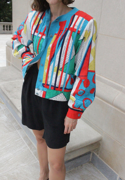 Fun Vintage Illustrated Cropped Jacket