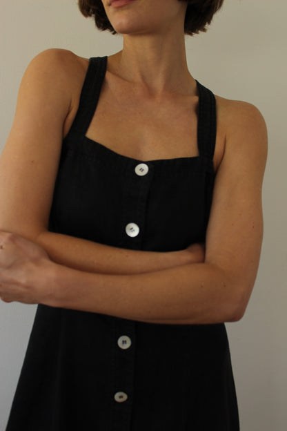 Vintage Faded Black Buttoned Linen Dress