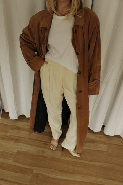 Vintage Chestnut Suede Belted Trench Coat