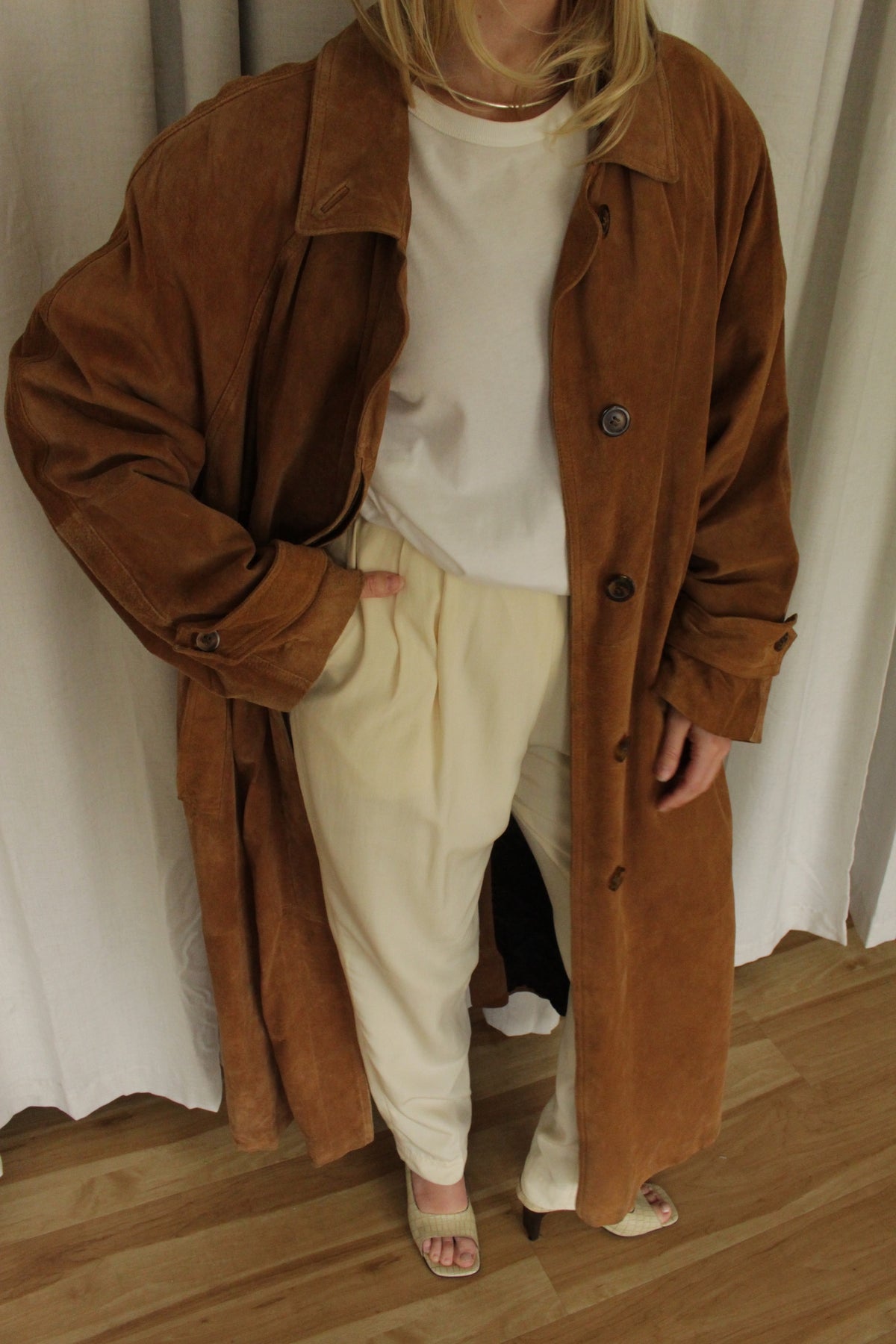 Vintage Chestnut Suede Belted Trench Coat