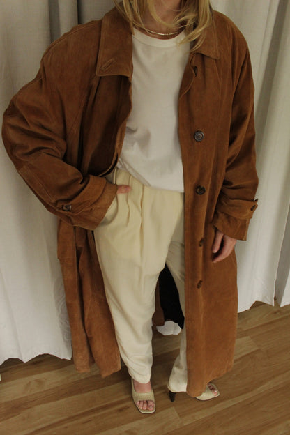 Vintage Chestnut Suede Belted Trench Coat