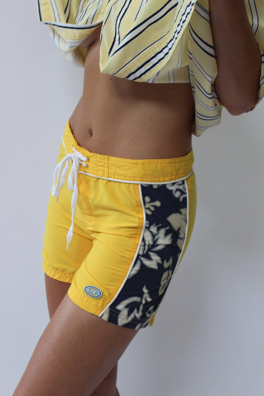 90s Bright Yellow Tropical Board Shorts
