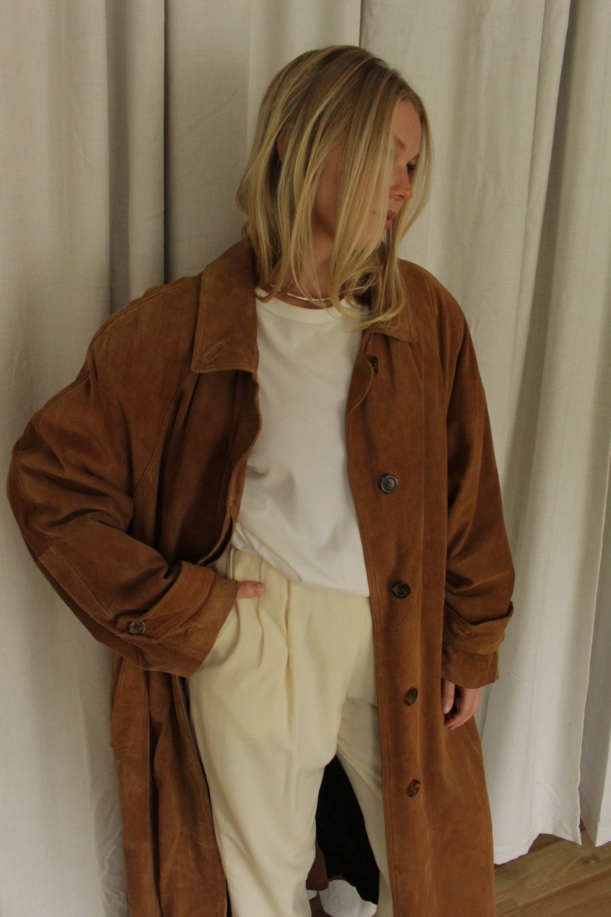 Vintage Chestnut Suede Belted Trench Coat