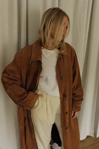 Vintage Chestnut Suede Belted Trench Coat