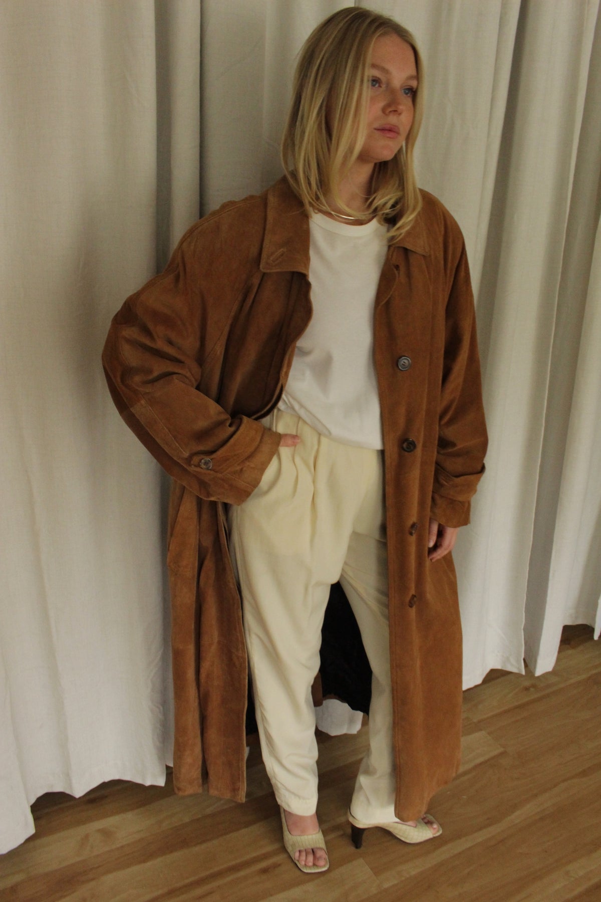 Vintage Chestnut Suede Belted Trench Coat