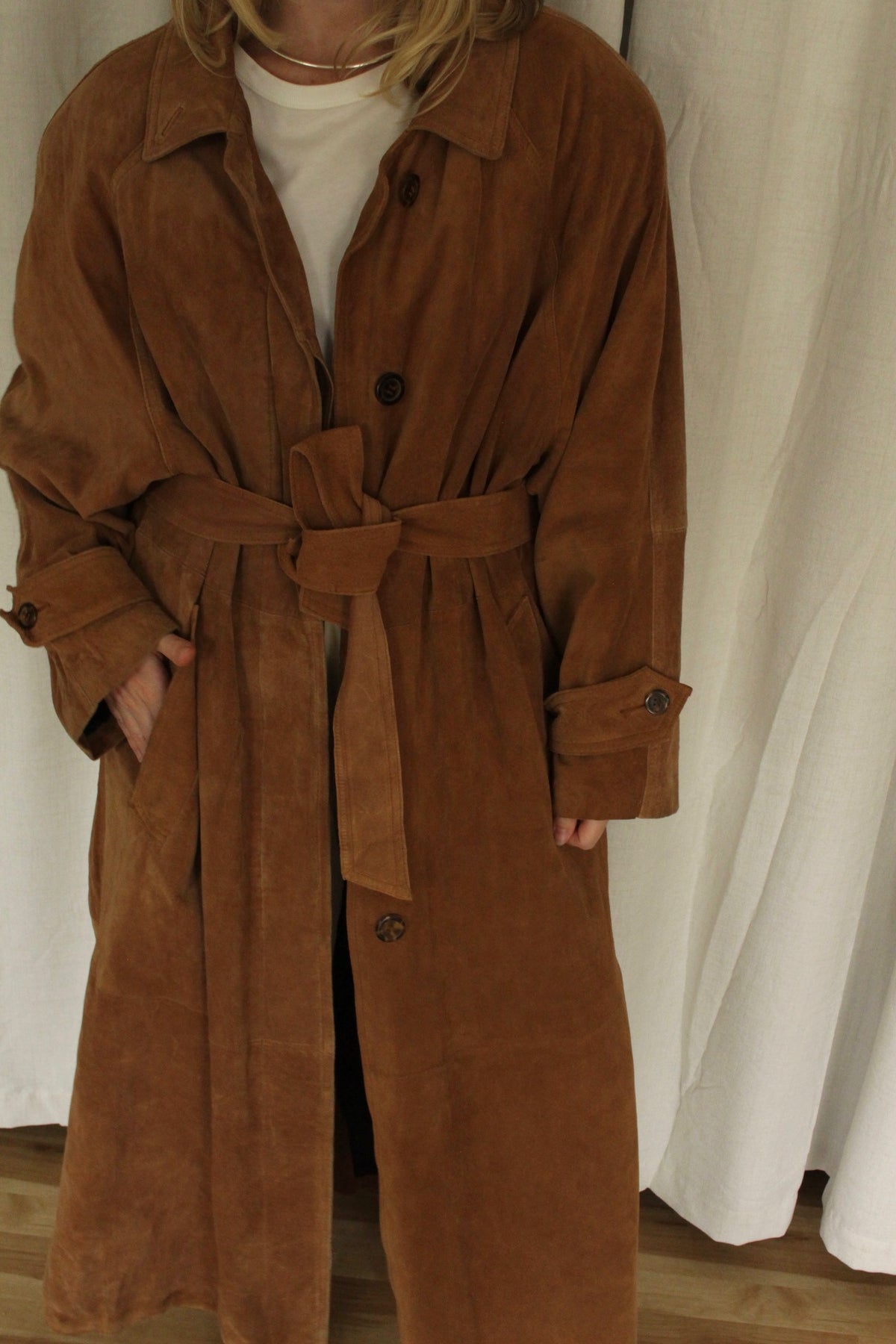 Vintage Chestnut Suede Belted Trench Coat