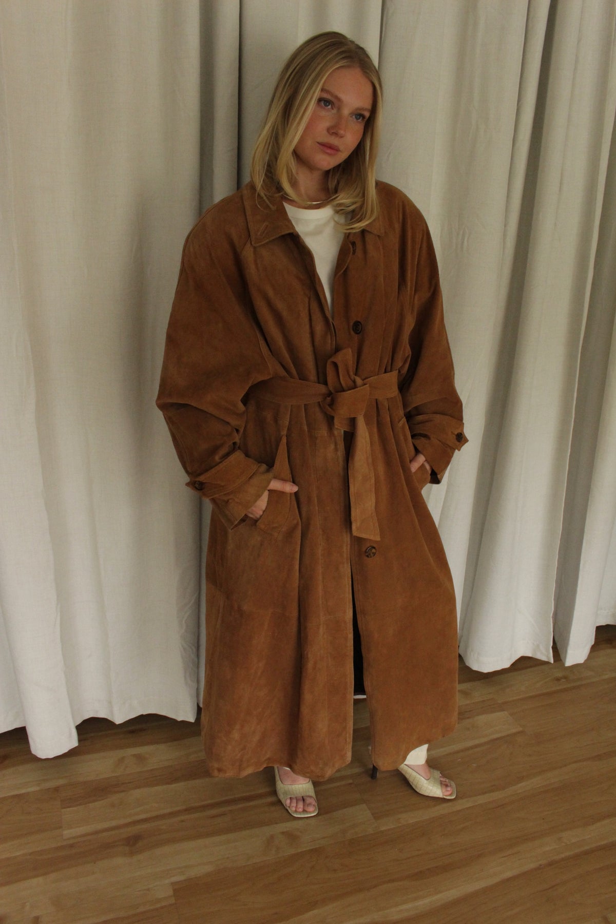 Vintage Chestnut Suede Belted Trench Coat