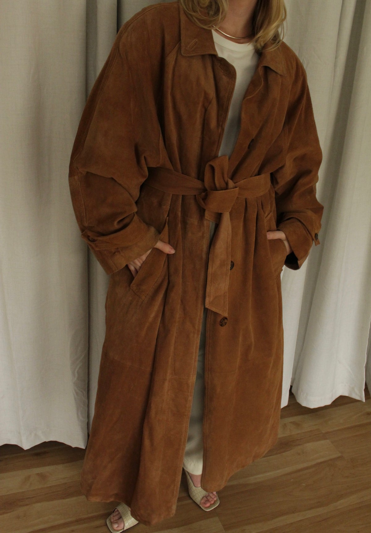 Vintage Chestnut Suede Belted Trench Coat