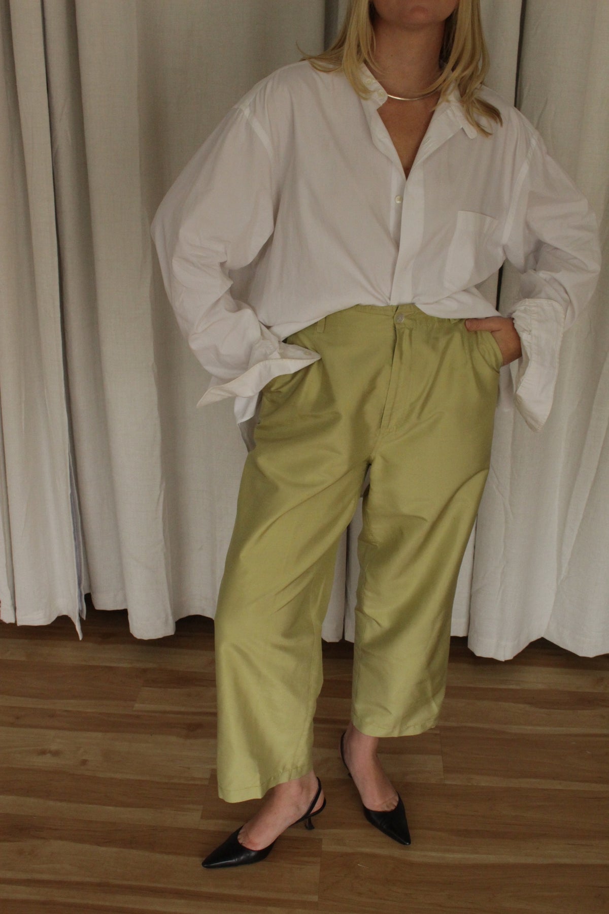 Vintage Pale Green Silk Taffeta Wide Leg Pants