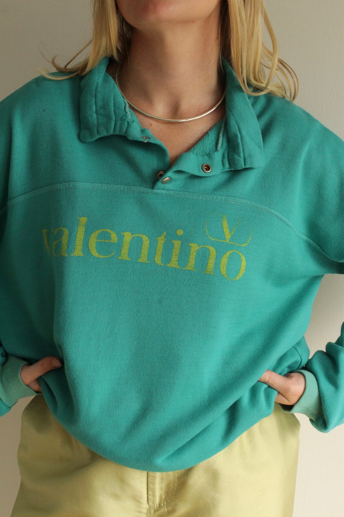 Amazing Vintage Valentino Teal Henley Sweatshirt