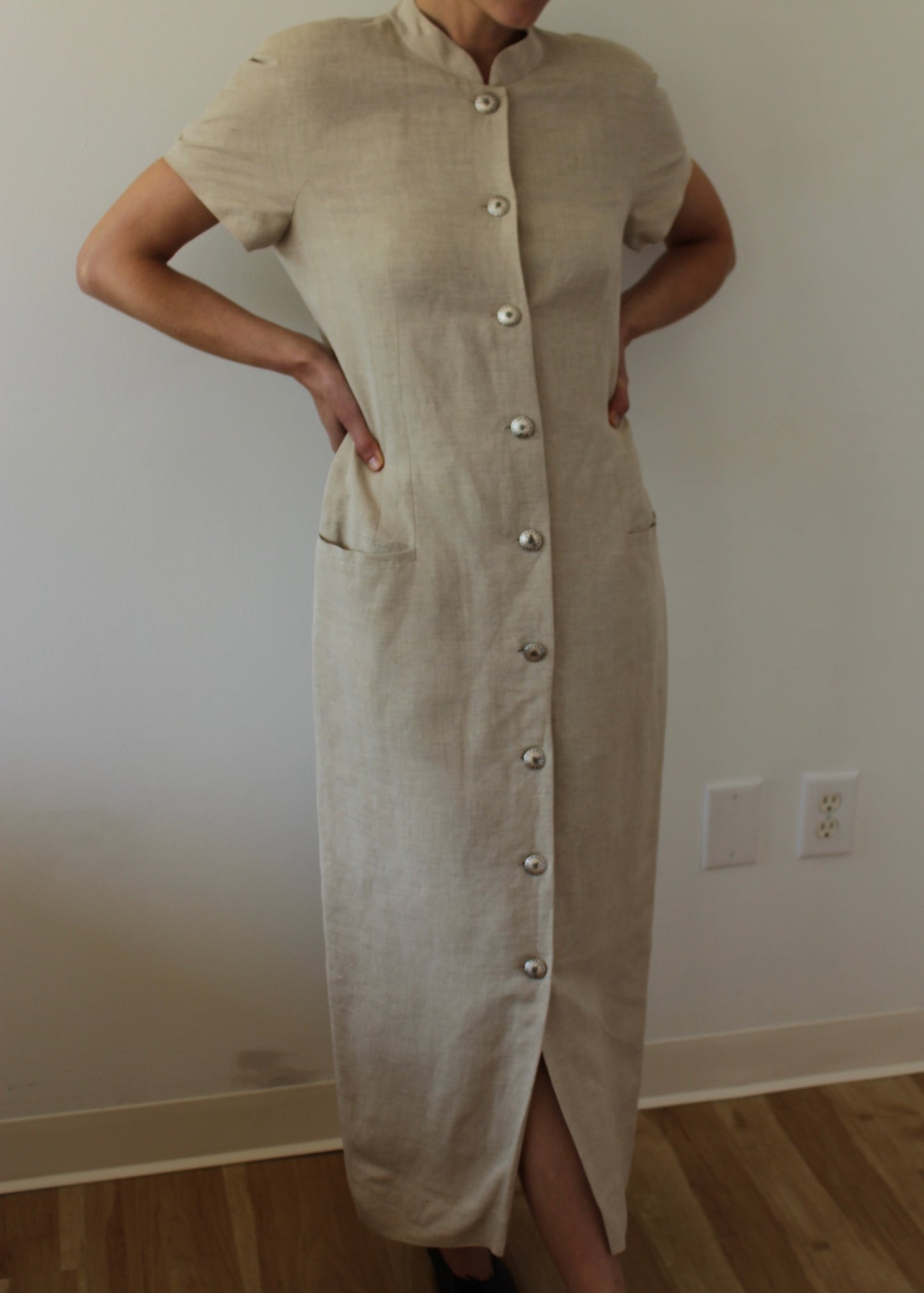 Vintage Oat Linen Button Dress