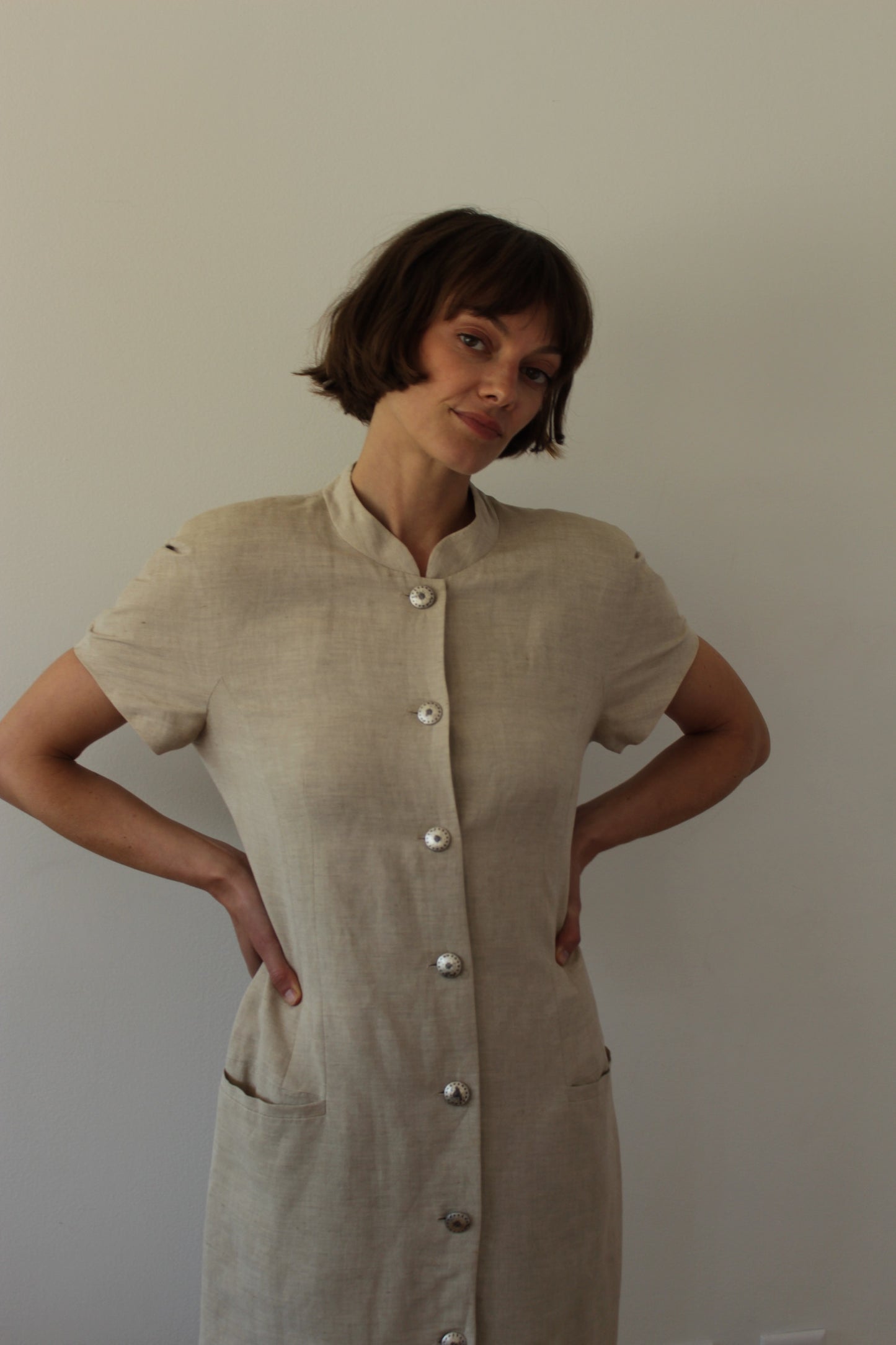 Vintage Oat Linen Button Dress