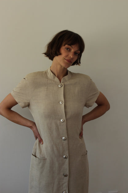 Vintage Oat Linen Button Dress