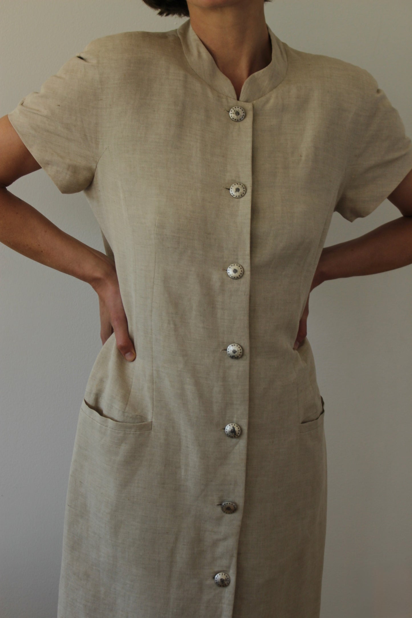 Vintage Oat Linen Button Dress