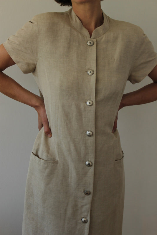 Vintage Oat Linen Button Dress