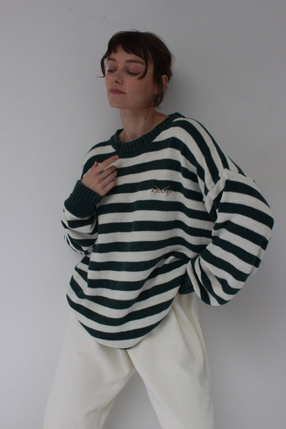 90s Fir Green Striped Linen Sweater