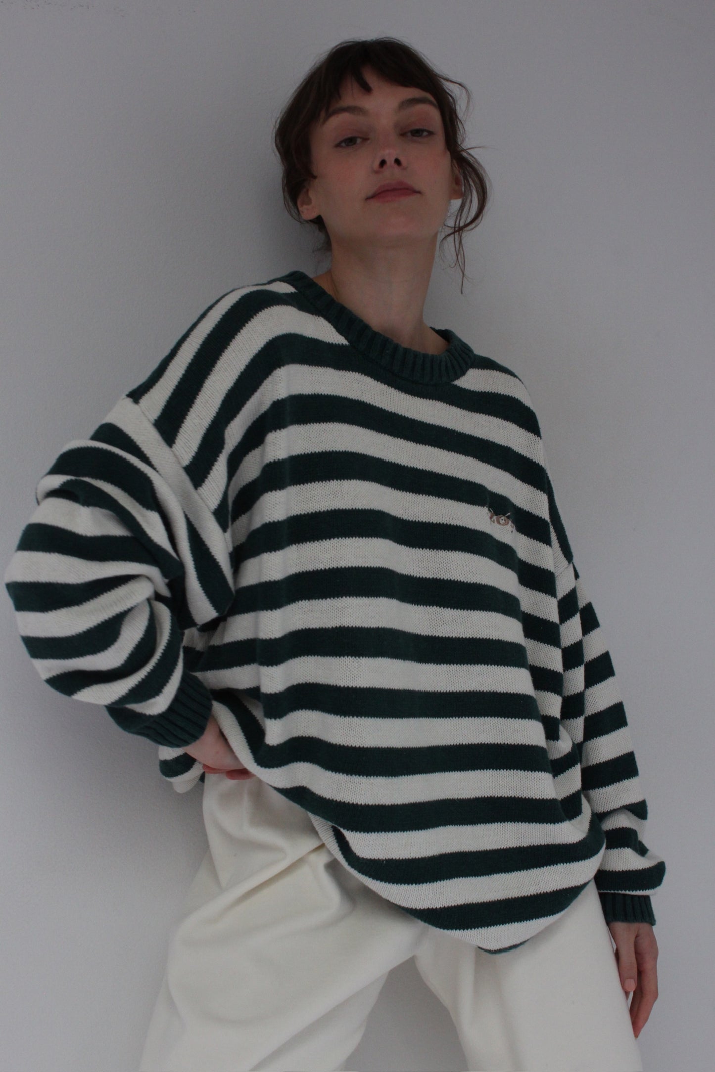 90s Fir Green Striped Linen Sweater