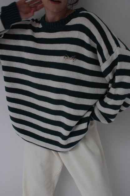 90s Fir Green Striped Linen Sweater