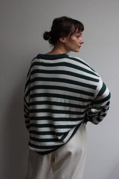 90s Fir Green Striped Linen Sweater