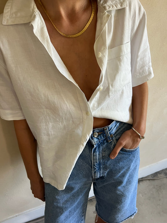 Vintage Linen Short Sleeve Eyelet Blouse