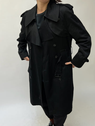 Vintage Jet Black Onyx Twill Belted Trench Coat