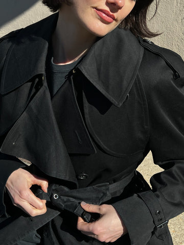 Vintage Jet Black Onyx Twill Belted Trench Coat
