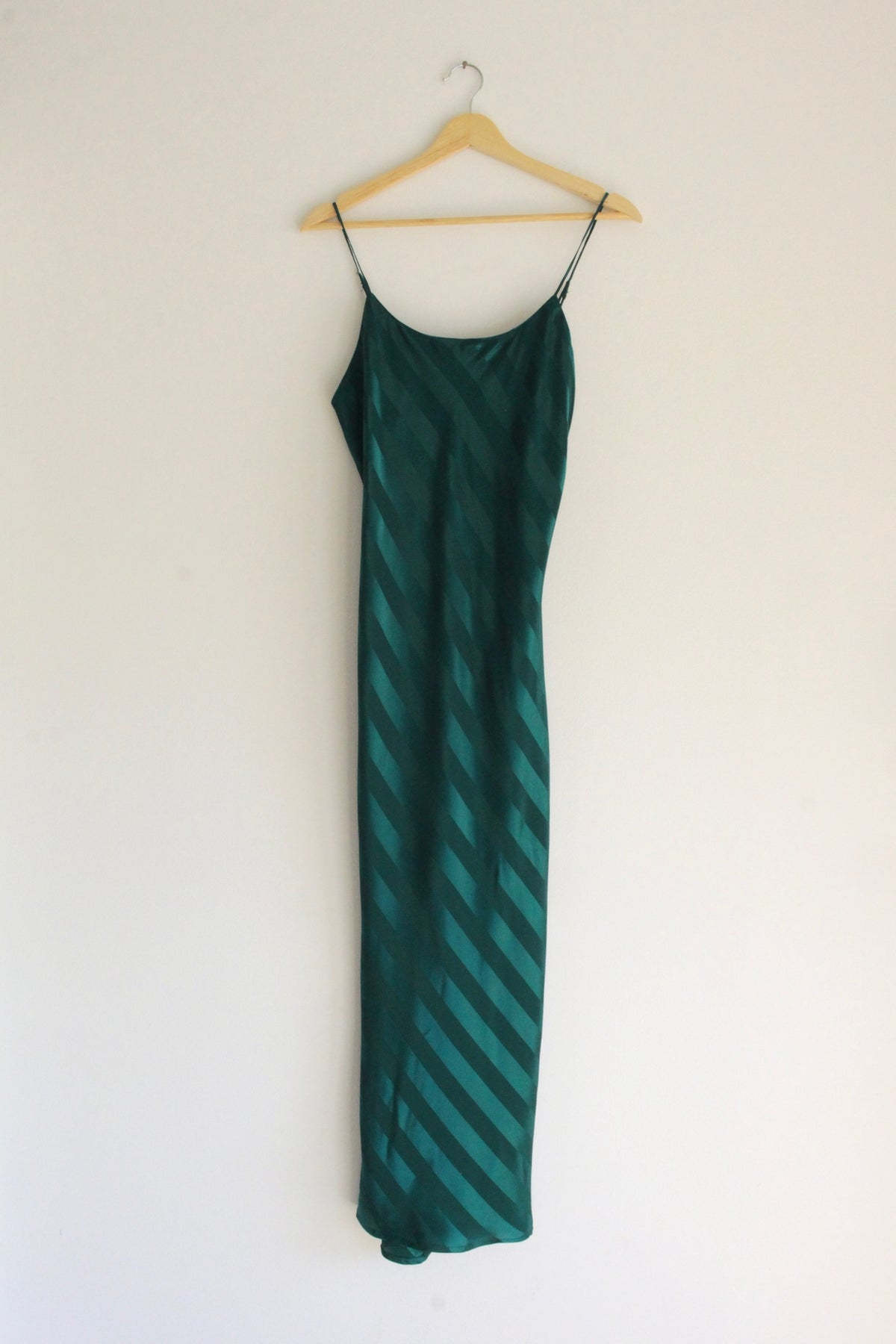 Striking 90s Emerald Satin Striped Slip Dress