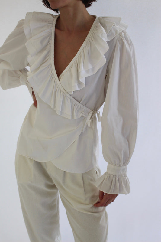 Vintage Crisp White Ruffled Wrap Blouse