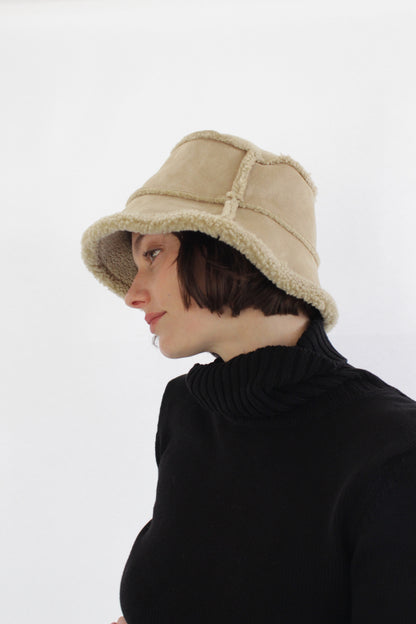 Vintage Faux Suede & Shearling Bucket Hat