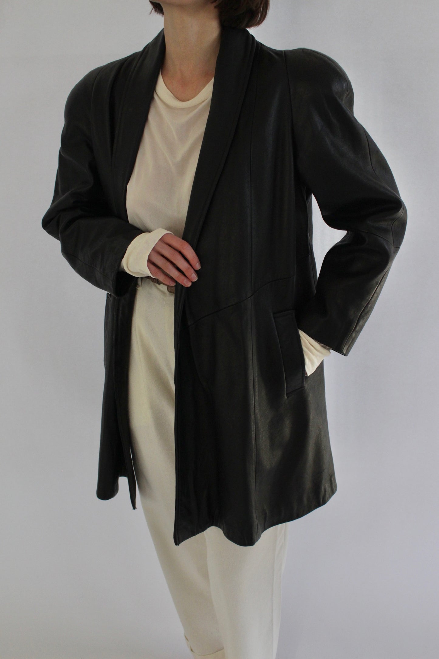 Vintage Jet Black Leather Open Drape Coat