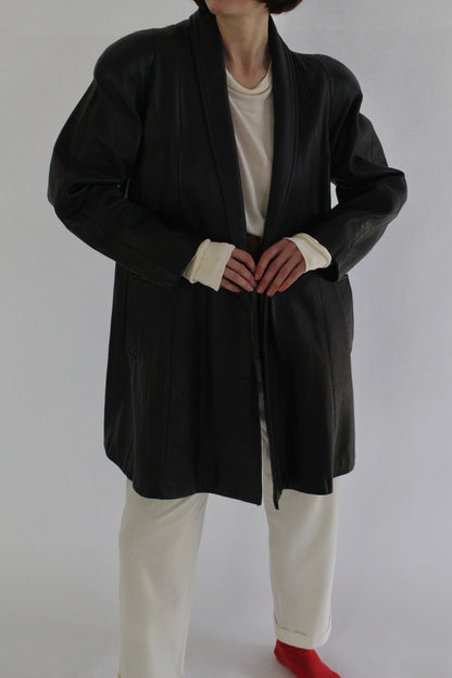 Vintage Jet Black Leather Open Drape Coat