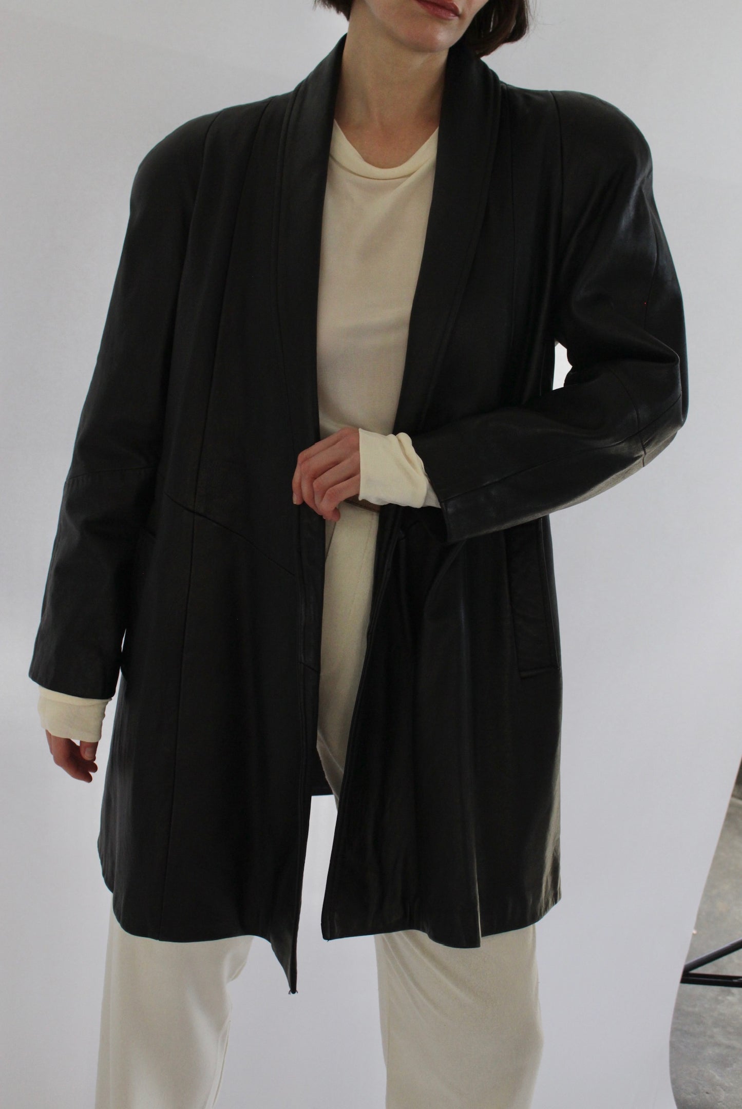 Vintage Jet Black Leather Open Drape Coat