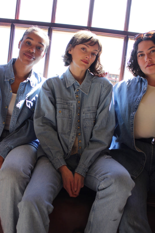 Vintage Faded Denim Layered-Pocket Shirt