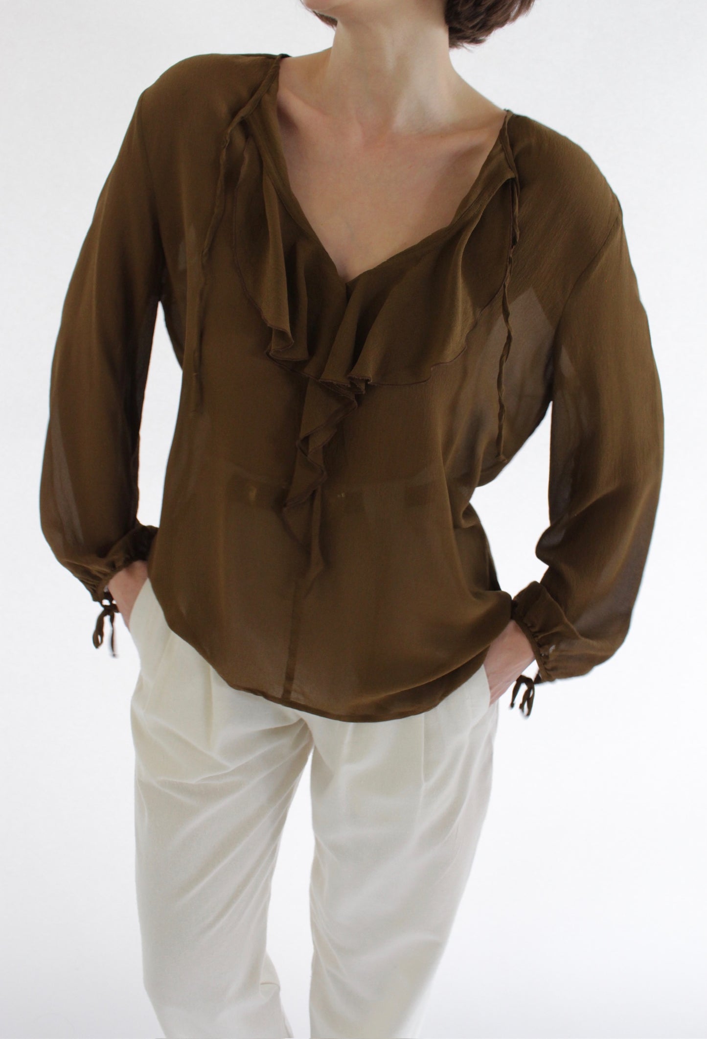 Stunning Max Mara Sheer Olive Silk Blouse