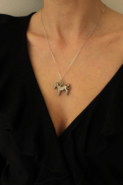 Vintage Pewter Ornate Horse Pendant on Sterling Chain