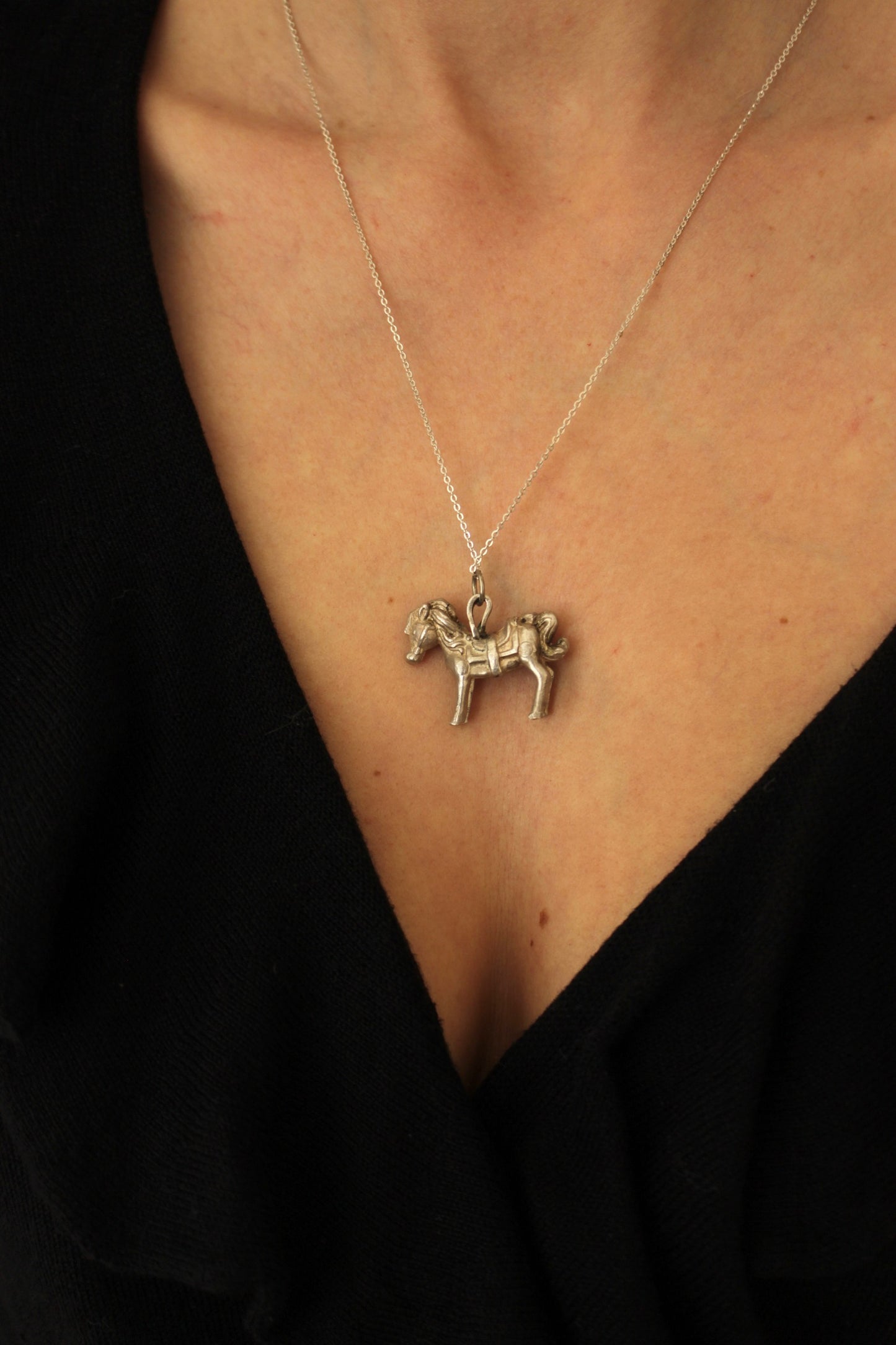 Vintage Pewter Ornate Horse Pendant on Sterling Chain