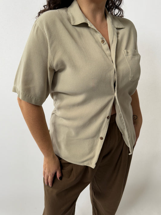 90s Sand Waffled Silk Button Up