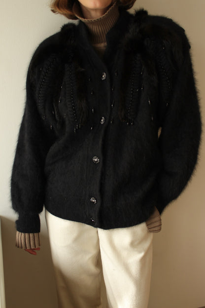 Vintage Angora, Fur & Bead Embellished Cardigan