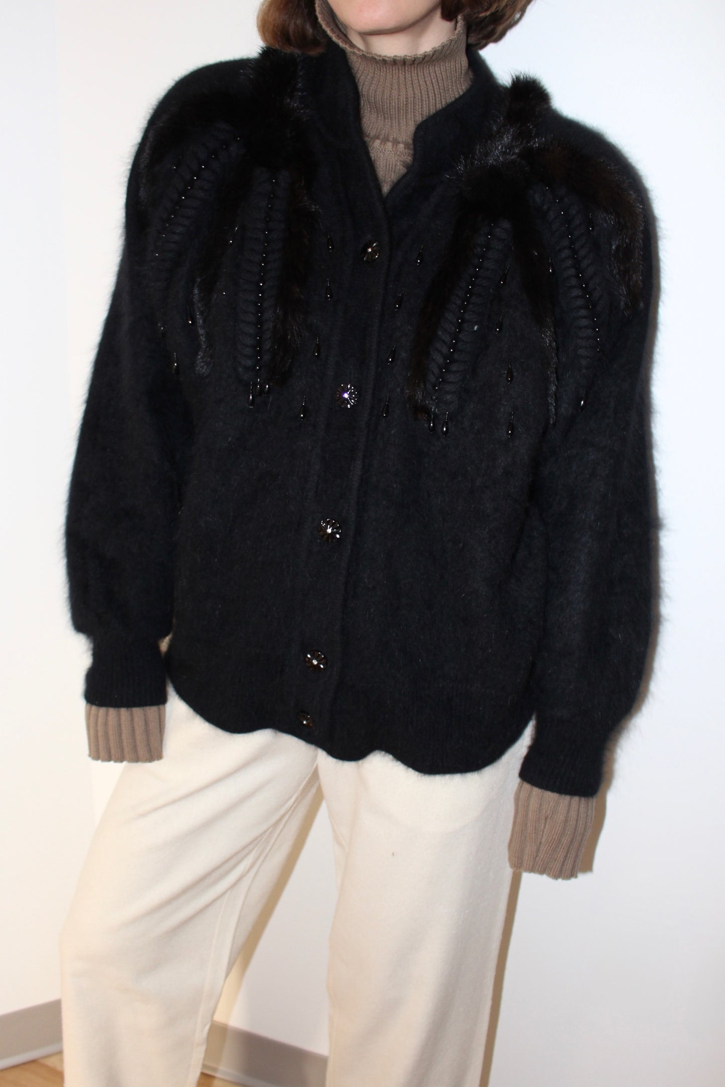 Vintage Angora, Fur & Bead Embellished Cardigan