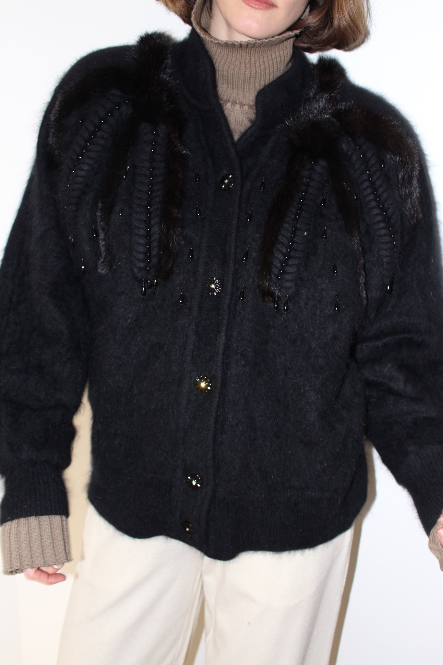 Vintage Angora, Fur & Bead Embellished Cardigan