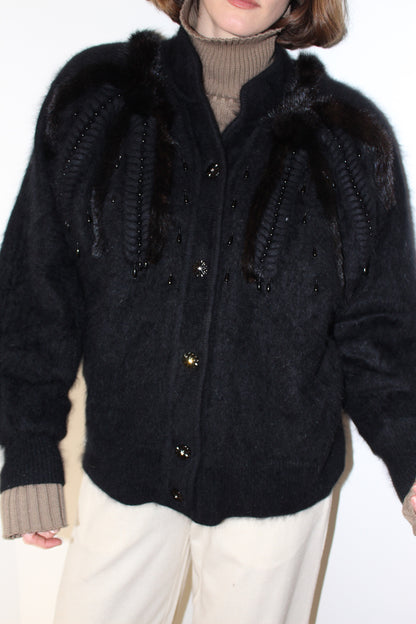 Vintage Angora, Fur & Bead Embellished Cardigan