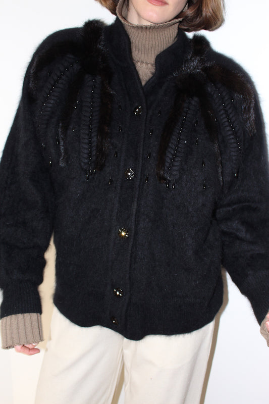 Vintage Angora, Fur & Bead Embellished Cardigan