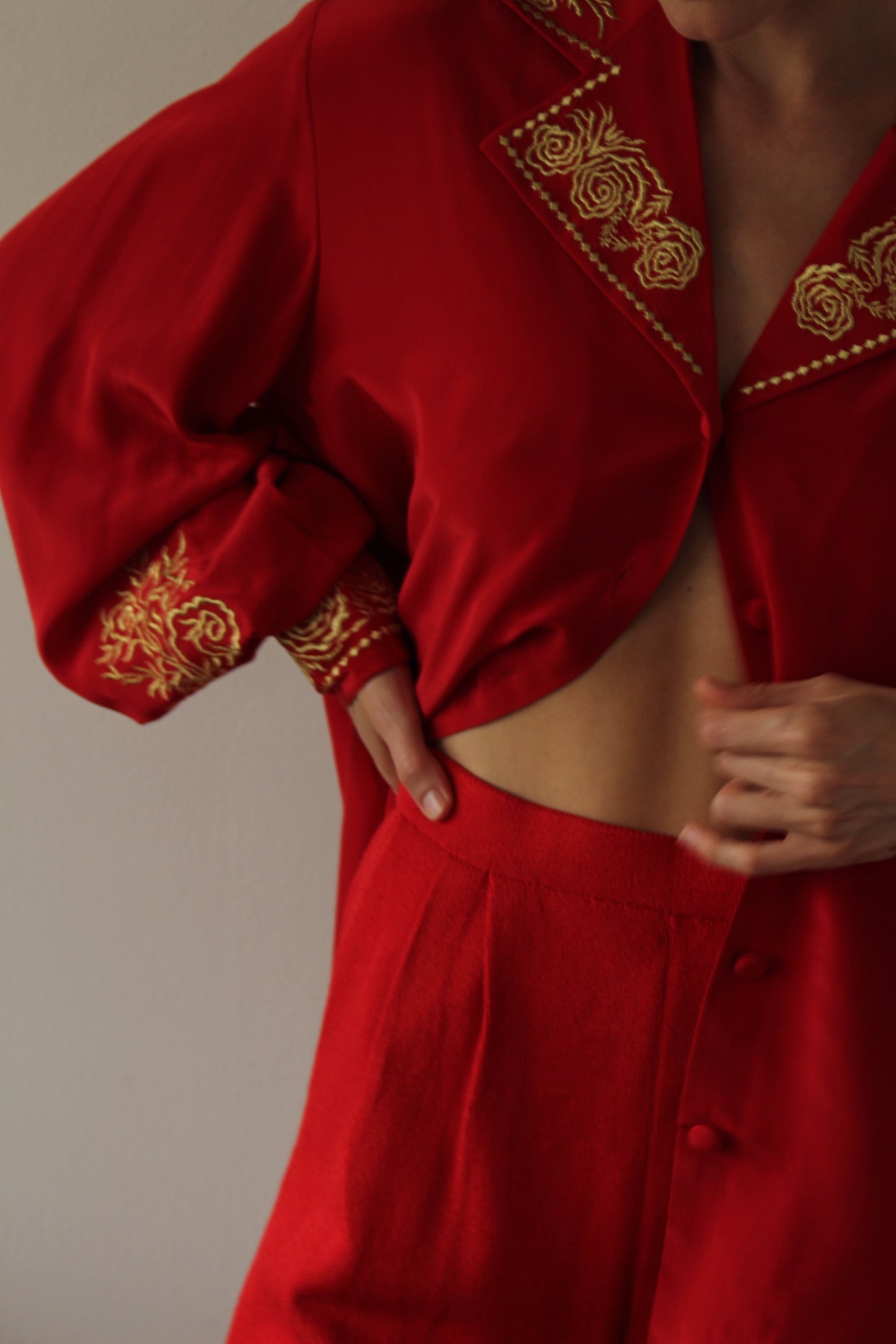 Vintage Diane Von Furstenberg Red & Gold Embroidered Silk Blouse